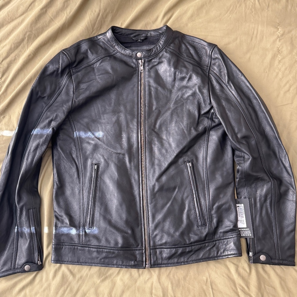 Men’s Black Genuine Leather Café Racer Jacket – Modern Slim Fit (Size L)